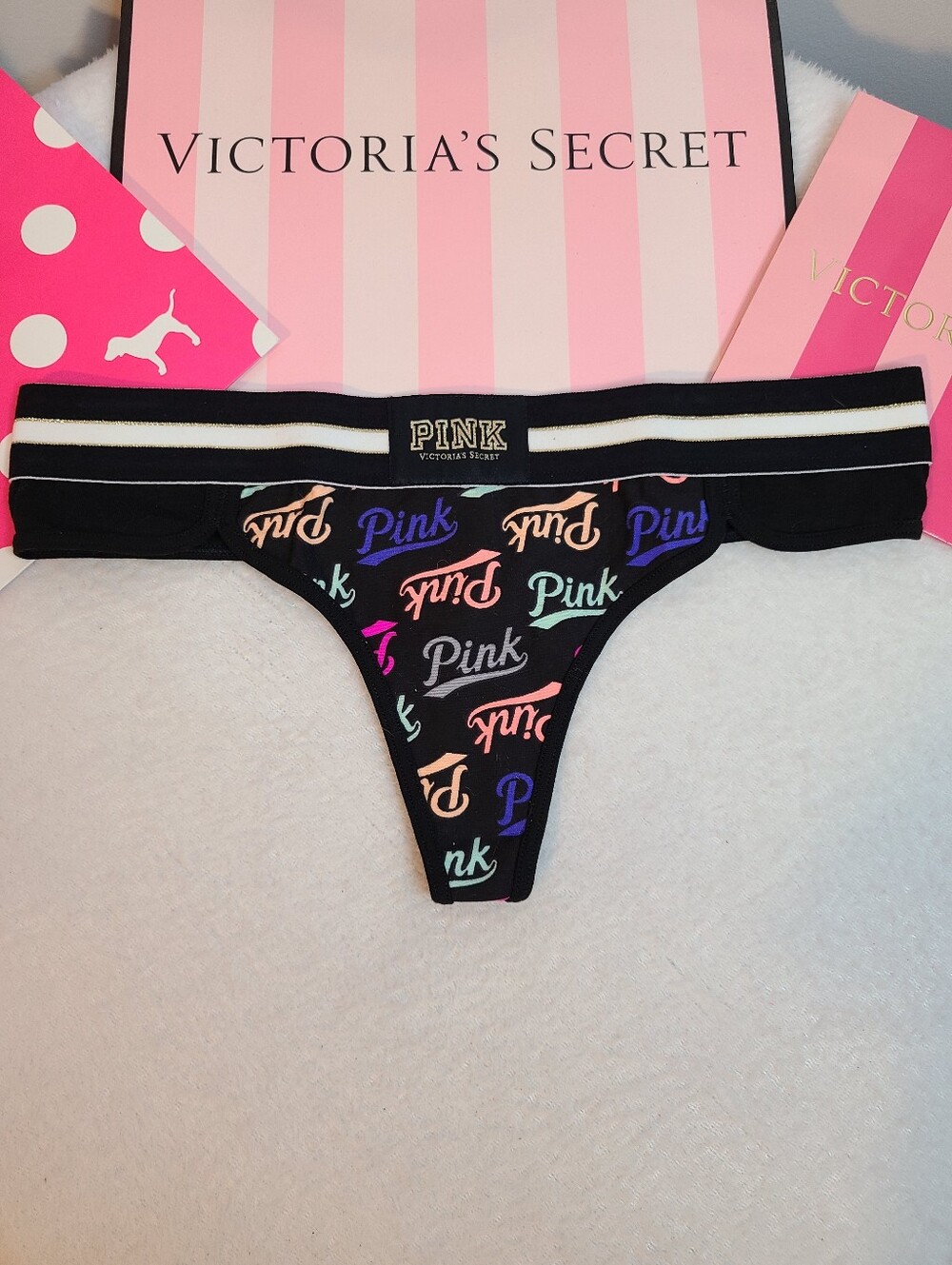 Rare Retired VS PINK Logo Band Cotton Retro Extra Low Rise Thong Panty Size M